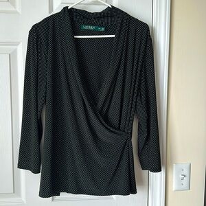 Lauren by Ralph Lauren cross over black/white pin dot top